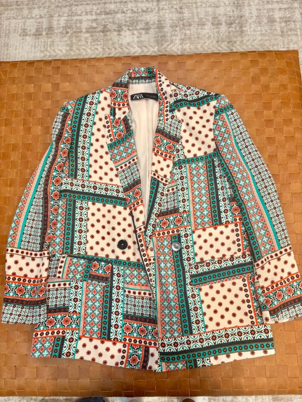 EUC Zara Retro Patchwork Printed Multicolor Satin-Effect Blazer XS